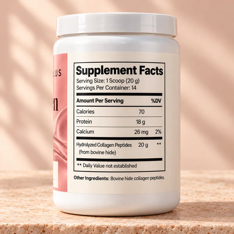 Supplement Facts panel on The Daily Collagen tub: serving size 1 scoop (20g), 14 servings, 70 calories, 18g protein, 20g hydrolyzed collagen peptides