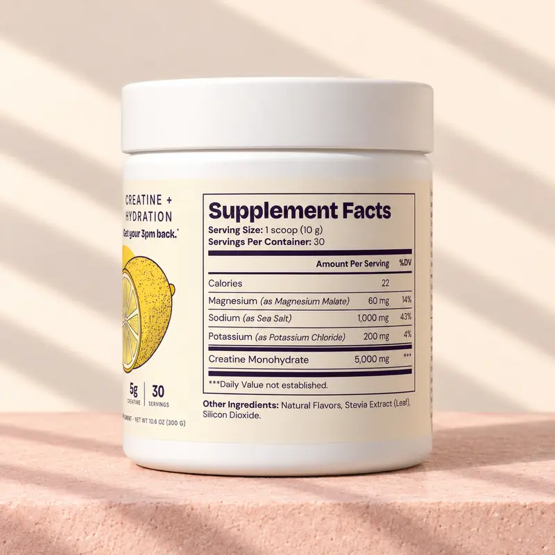 Supplement Facts panel on the Rally lemon tub: 5,000mg creatine monohydrate, 1,000mg sodium, 200mg potassium, 60mg magnesium
